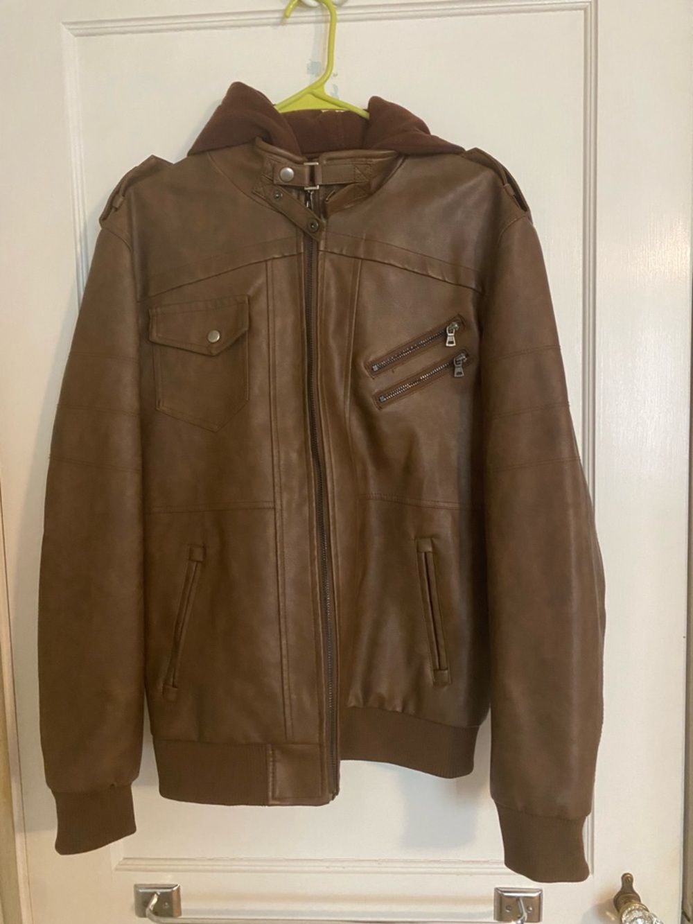 Men's Brown Pleather Hooded Jacket - Classic Bomber Style